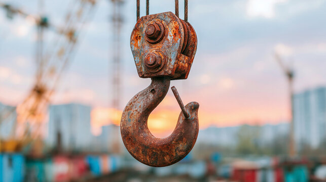 Rusty industrial crane hook hanging in front of a colorful sunset sky.