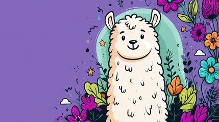 Naklejka premium Cute white llama cartoon character surrounded by colorful flowers on a purple textured background for cheerful nursery poster and children’s decor.