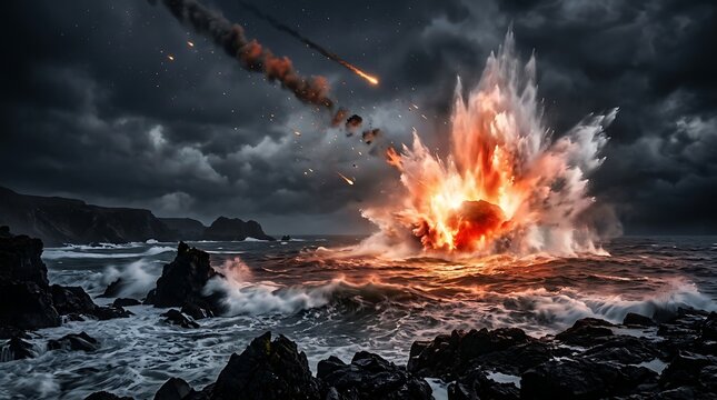 Fiery meteor impact explosion in dark ocean near rocky shore at night with multiple falling objects and massive blast wave.