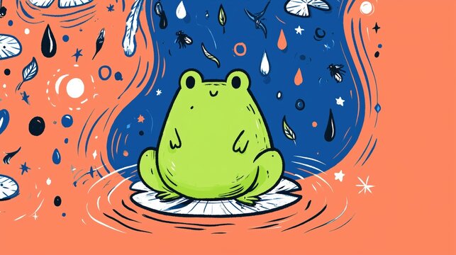 Cute green frog cartoon illustration sitting in water beneath a rainy cosmic sky, bold textured children&rsquo;s wallpaper for playful nursery decor.

