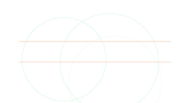 Abstract geometric graphic featuring two overlapping thin outline circles and parallel orange horizontal lines. Modern minimalist line art delivered as a transparent png cutout object.