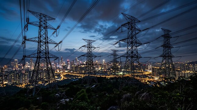Electrical power transmission towers silhouetted against stormy dusk sky with glowing city skyline in background providing electricity infrastructure for urban development.