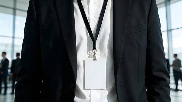 Business professional wearing black suit and employee identification badge in a modern office, representing corporate identity, employment and workplace access