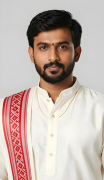 Handsome Assamese Man Wearing Traditional Dhoti Kurta and Red White Gamos