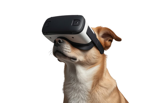 Brown and white dog wearing generic VR headset isolated