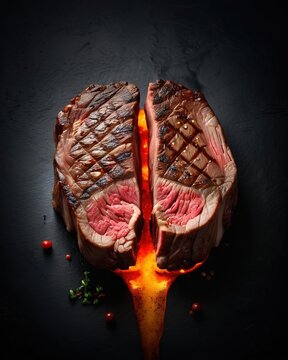 Medium rare grilled steak with a crispy crust and juicy texture on black slate with pepper. High-quality steakhouse and advertising meat dish, grilled dish