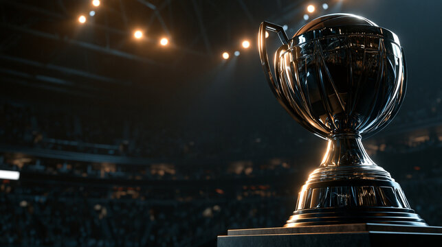 Shiny metallic sports trophy cup illuminated by bright stadium lights for champions award ceremony.
