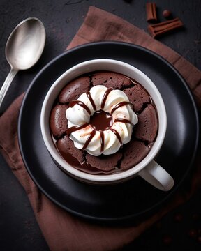 Professional food photography of a chocolate dessert. Pudding with sauce, cream, and cinnamon. Concept: dessert, holiday, cake, pastry, culinary, restaurant, chef.