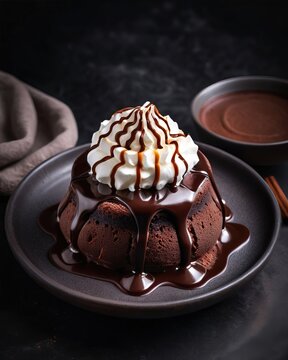 Professional food photography of a chocolate dessert. Pudding with sauce, cream, and cinnamon. Concept: dessert, holiday, cake, pastry, culinary, restaurant, chef.