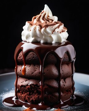 Professional food photography of a chocolate dessert. Pudding with sauce, cream, and cinnamon. Concept: dessert, holiday, cake, pastry, culinary, restaurant, chef.