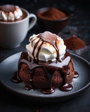 Professional food photography of a chocolate dessert. Pudding with sauce, cream, and cinnamon. Concept: dessert, holiday, cake, pastry, culinary, restaurant, chef.
