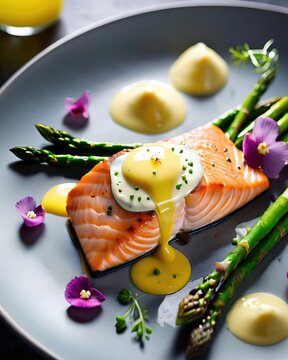 A juicy red fish steak with a crispy crust, garnished with green asparagus and a delicate sauce. Garnished with an edible flower. An exquisite dish for a restaurant menu, gourmet. Haute cuisine, healt