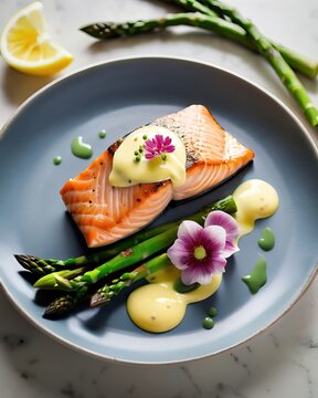 A juicy red fish steak with a crispy crust, garnished with green asparagus and a delicate sauce. Garnished with an edible flower. An exquisite dish for a restaurant menu, gourmet. Haute cuisine, healt