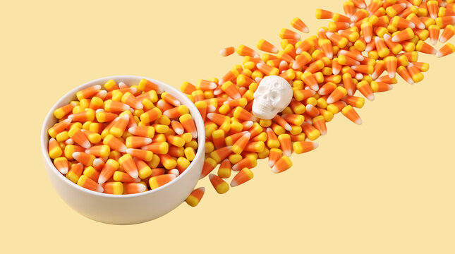 Bowl of candy corn with scattered candy and skull decoration