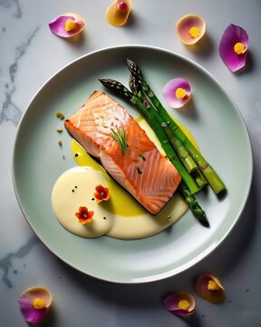 A juicy red fish steak with a crispy crust, garnished with green asparagus and a delicate sauce. Garnished with an edible flower. An exquisite dish for a restaurant menu, gourmet. Haute cuisine, healt