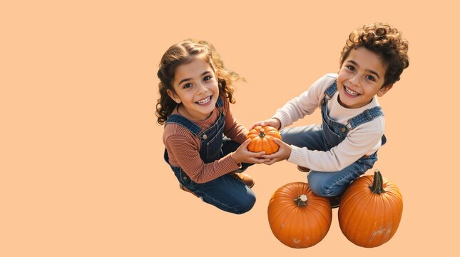 Two smiling children picking pumpkins on a light orange background