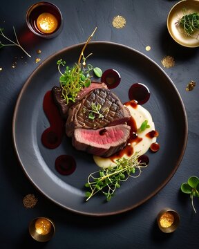 Juicy medium-rare beef steak on a black plate with red wine sauce and mashed potatoes. Garnished with microgreens. Fine dining, a delicious meat dish, for a menu, steakhouse, delicacy.