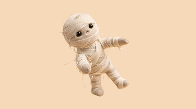 Cute mummy figurine reaching forward on beige background