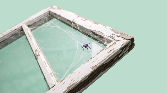 Spider on a cobweb in a weathered window frame