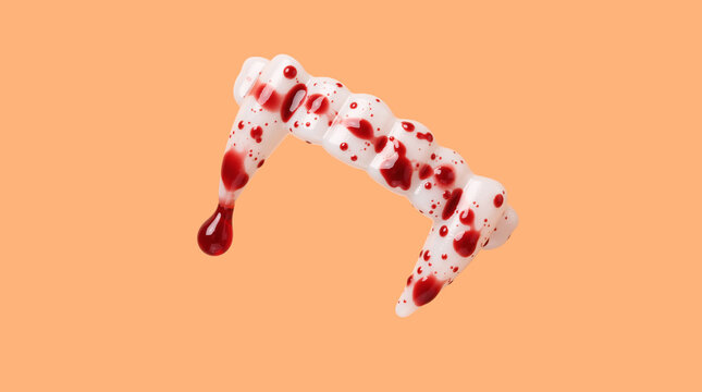Vampire fangs with fake blood on orange background