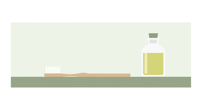 Minimalist eco-friendly oral care illustration featuring a wooden toothbrush and glass bottle of natural mouthwash or oil pulling liquid on a neutral shelf.