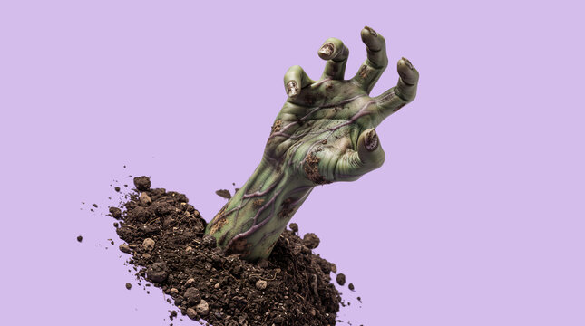 Zombie hand rising from grave on purple background