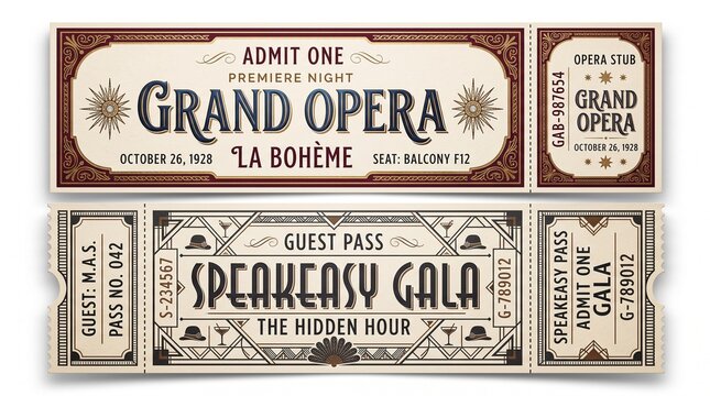 Vintage style opera and speakeasy gala event tickets on white background