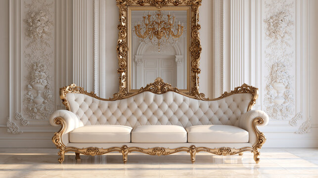 Gold Trim and Gilded Mirror Surround a White Tufted Sofa