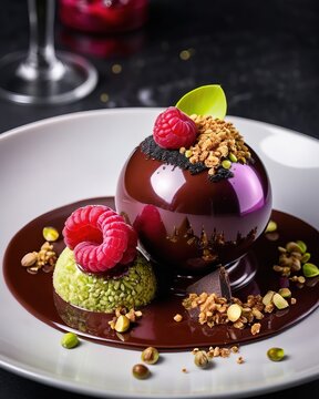An exquisite dessert in the form of a pink sphere with chocolate ganache, raspberries and pistachios. Restaurant serving on a dark plate. Haute cuisine, sweet delicacy, holiday, cake, pastry, cooking.