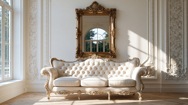 Sunlight Illuminates an Elegant Baroque Salon with White Furniture