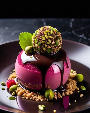 An exquisite dessert in the form of a pink sphere with chocolate ganache, raspberries and pistachios. Restaurant serving on a dark plate. Haute cuisine, sweet delicacy, holiday, cake, pastry, cooking.