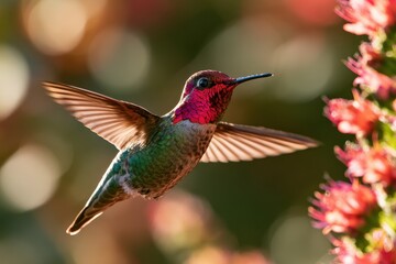 Naklejka premium Close-Up of a Vibrant Iridescent Hummingbird in Mid-Flight