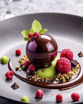 An exquisite dessert in the form of a pink sphere with chocolate ganache, raspberries and pistachios. Restaurant serving on a dark plate. Haute cuisine, sweet delicacy, holiday, cake, pastry, cooking.