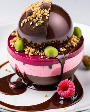 An exquisite dessert in the form of a pink sphere with chocolate ganache, raspberries and pistachios. Restaurant serving on a dark plate. Haute cuisine, sweet delicacy, holiday, cake, pastry, cooking.