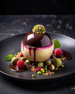 An exquisite dessert in the form of a pink sphere with chocolate ganache, raspberries and pistachios. Restaurant serving on a dark plate. Haute cuisine, sweet delicacy, holiday, cake, pastry, cooking.
