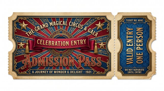 Vintage circus admission ticket with ornate red and blue gala event design on white