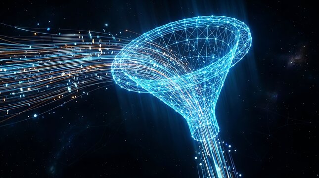 Digital data funnel in space with glowing blue lines and binary code representing information flow and big data processing abstract concept.