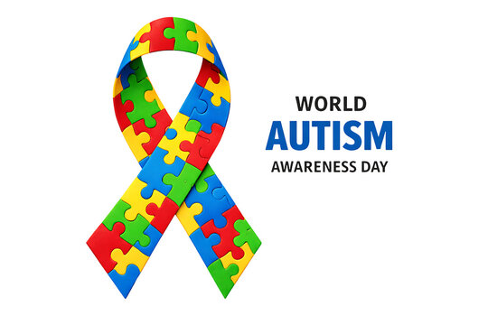 Colorful Autism Awareness Ribbon Made of Puzzle Pieces with World Autism Awareness Day Text Isolated on Transparent Background