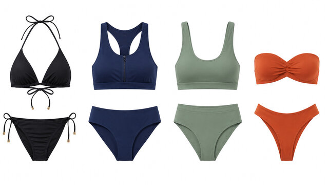 Women two piece swimwear set with various colorful bikinis isolated on white background.