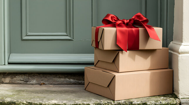 Cardboard parcels stacked by a door with a red sale ribbon