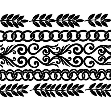 Set of black decorative horizontal borders with floral leaf patterns, chain links, and swirling scrollwork on a white background