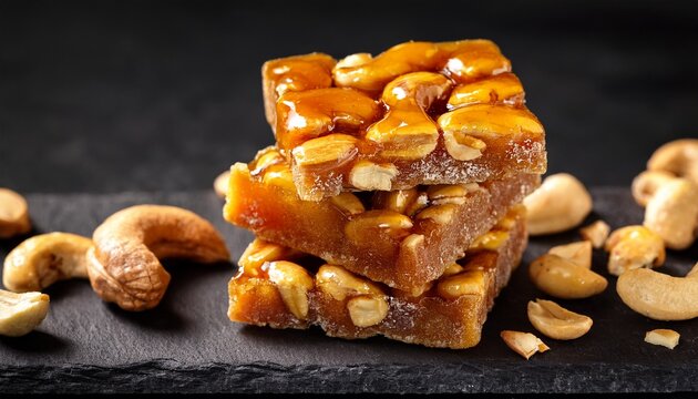 sweet cashew nut brittle squares with honey on dark slate