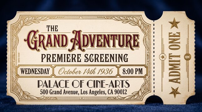 Vintage cinema ticket for a grand adventure premiere screening on a dark blue background.