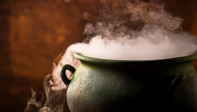 a cauldron style pot with dry ice mist curling over the rim moody low key side light muted sage oatmeal and dusty terracotta tones