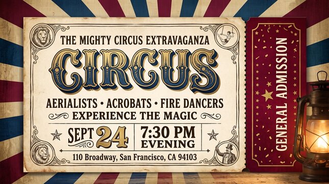 Vintage circus ticket invitation with retro typography and carnival performance details.