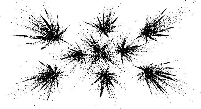 Abstract black ink splatter vector graphic illustration featuring sharp starburst shapes arranged in a symmetrical pattern for creative artistic design