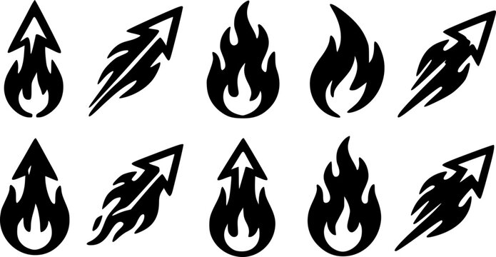Flaming arrow vector icons set featuring stylized black silhouettes with sharp energetic designs for modern graphic web branding projects