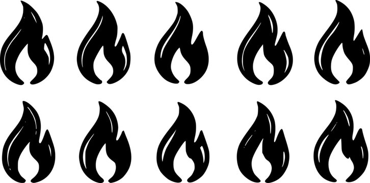 Minimalist fire flame vector illustration featuring ten repeating black monochromatic icons arranged in two neat rows for creative graphic design