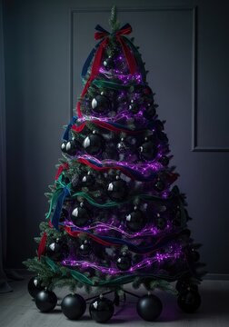 A dark gothic Christmas tree decorated with shiny black baubles, glowing purple fairy lights, and rich velvet ribbons in a moody room, ribbons, festive, unconventional