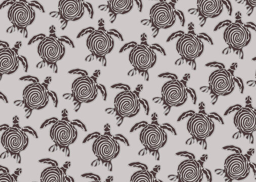 Monochromatic seamless pattern with sea turtles and tribal spiral shell designs